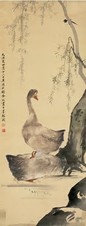 金城 乙丑（1925）年作 柳荫白鹅 立轴