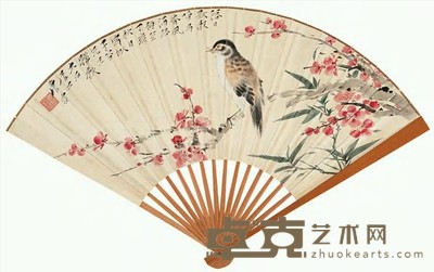 唐云 樊浩霖 丁亥（1947）、戊子（1948）年作 梅雀图 行书 成扇 18.5×51cm