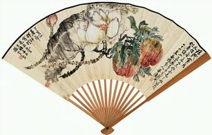 赵云壑 丁亥（1947）年作 荷花仙桃 草书 成扇