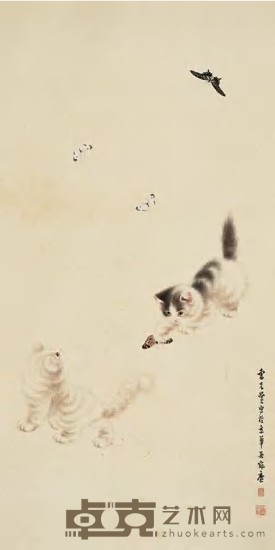 曹克黉 猫蝶图 立轴 120×60cm