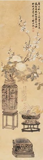 陆恢 庚寅（1890）年作 瓶梅盆花 立轴