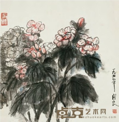 关良 1977年作 争艳图 立轴 55×54cm