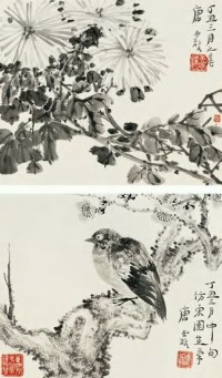 唐云 丁丑（1937）年作 墨菊 桃花小鸟（二幅） 镜心