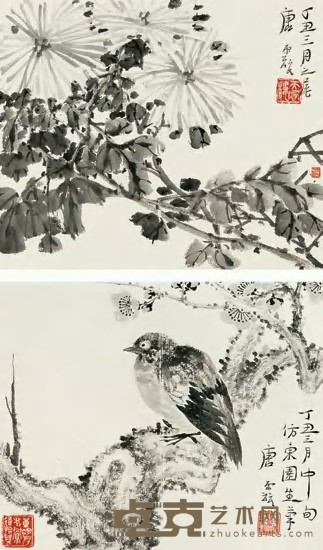 唐云 丁丑（1937）年作 墨菊 桃花小鸟（二幅） 镜心 19.5×23.5cm×2