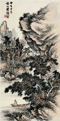 萧愻 甲子（1924）年作 松荫垂钓 立轴