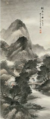 吴石僊 戊戌（1898）年作 烟雨归邨 屏轴