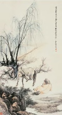 张善孖 丁卯（1927）年作 柳下双骏 立轴