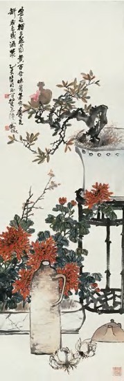吴徵 乙亥（1935）年作 石榴盆菊 立轴