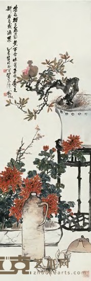 吴徵 乙亥（1935）年作 石榴盆菊 立轴 123.5×40cm