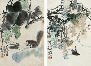 徐元清 甲子（1984年）作 葡萄松鼠·花鸟（二张） 镜心