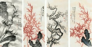 申石伽 花卉 四屏