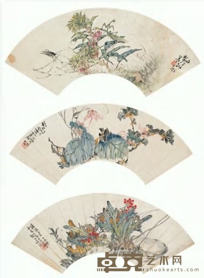 徐煌 花卉 扇面（三开） 16.5×51cm×3
