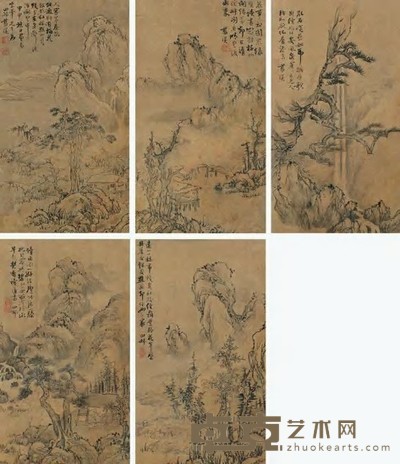 蓝瑛（款） 山水 册页（五开） 23.5×13cm×5