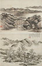 萧愻 青岫溪村图山水双挖 屏条