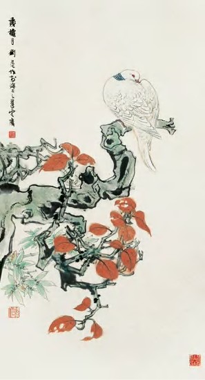 刘旦宅 1982年作 白鸽红叶 立轴87.5×47cm