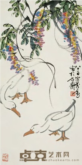 许麟庐 2001年作 紫藤双鸭 镜心 138×69cm