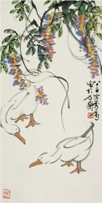 许麟庐 2001年作 紫藤双鸭 镜心