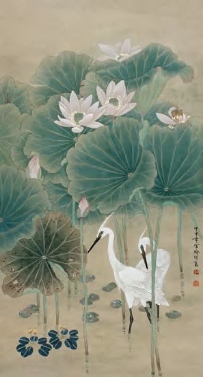 喻继高 2004年作 荷塘双鹭图 镜心147×79.5cm