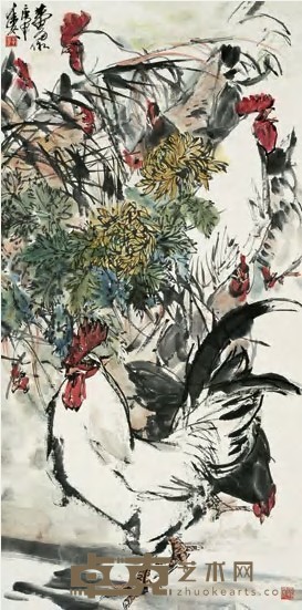 黄冑 1980年作 鸡年大吉图 镜心 138×70cm