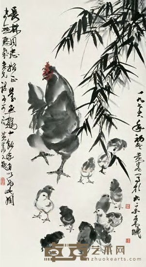 黄冑 1976年作 群鸡图 立轴 135×70cm