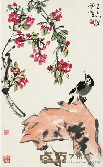 许麟庐 1991年作 桃花翠鸟 镜心 84×51.5cm