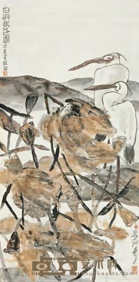 李老十 1988年作 白羽秋江图 镜心 137×68cm
