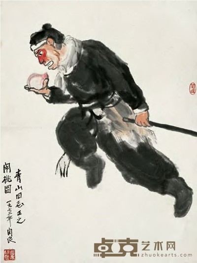 关良 1973年作 闹桃图 立轴 70×46cm