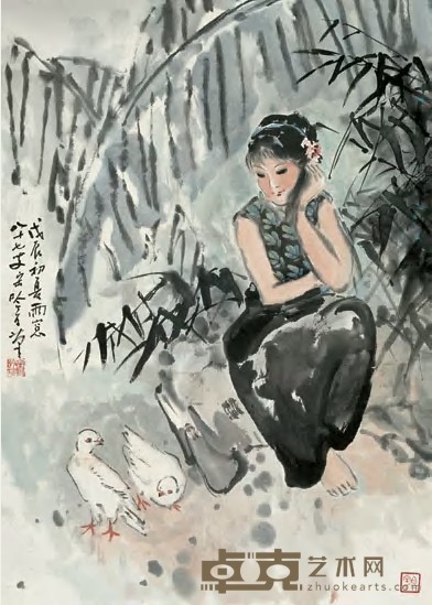 宋吟可 1988年作 芭蕉少女 立轴 73×52cm