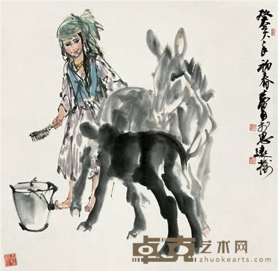 黄冑 1983年作 少女与驴 立轴 45×46cm