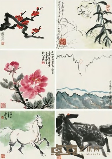 尹瘦石 张广 贾浩义等 1989-1996年作 山水花鸟人物册 册页（十二开选六） 24×27cm×12