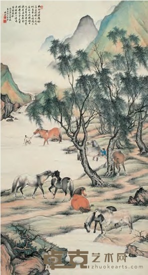殷梓湘 1936年作 八骏图 立轴 145×78cm