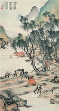 殷梓湘 1936年作 八骏图 立轴