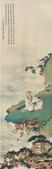 黄均 1997年作 姜伯牙习琴 立轴 83×26cm