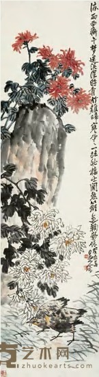 王一亭 1923年作 秋菊双栖 立轴 150×40cm
