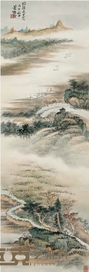 萧谦中 1936年作 秋山帆影 立轴 100×33cm