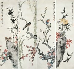 胡汀鹭 1936年作 四时花鸟 四屏