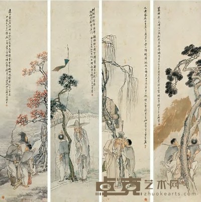 钱慧安 高士人物 四屏 135×33cm×4