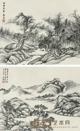 顾鹤逸 山水（二帧） 镜心 28×35cm×2