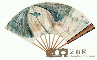 于非闇 1935年作 荷塘幽翠 成扇 17×48cm