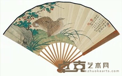陆抑非 1952年作 双安吉庆图 成扇 19.5×55cm