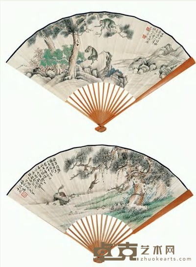蔡铣 1927年作 灵猴图 成扇 19×49cm