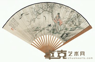 叶曼叔 1945年作 梅妻鹤子图 成扇 18×49cm