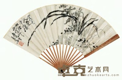 吴昌硕 1910年作 兰石图 成扇 18.5×52cm