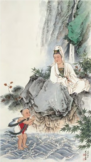 刘凌沧 1988年作 童子拜观音 立轴