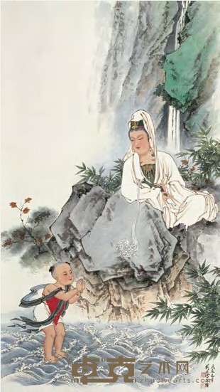 刘凌沧 1988年作 童子拜观音 立轴 140×78cm