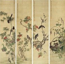 马家桐 花鸟 四屏