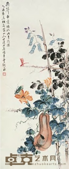 张公威 乙酉（1945年）作 草虫花卉 立轴 99×40cm