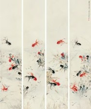 金章 乙巳年（1929年）作 游麟逐队漾柔波 四屏