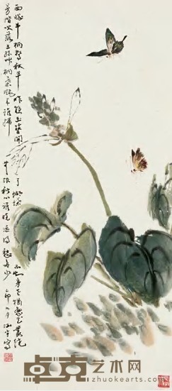 何涵宇 己卯（1999年）作 玉簪蝴蝶 立轴 68×33cm