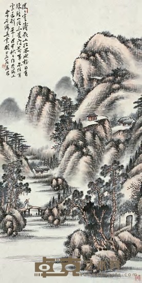 吴石僊 戊申（1908年）作 山水 立轴 80×40.5cm